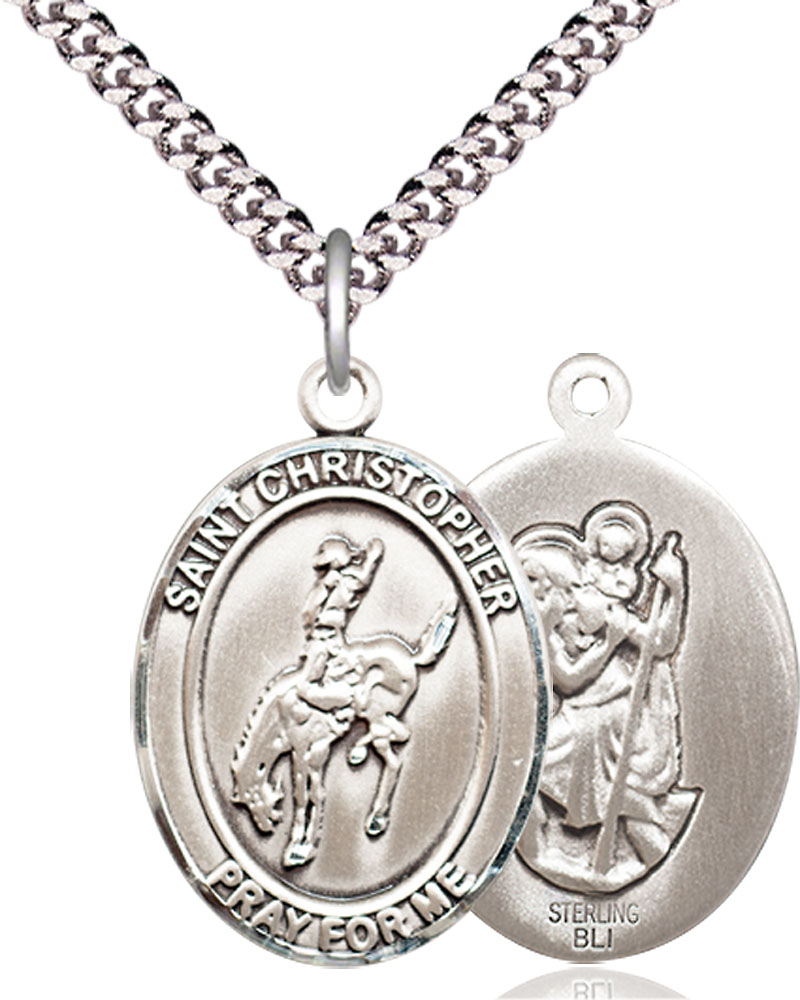 Sterling Silver Saint Christopher Rodeo Pendant on a 24 inch Light Rhodium Heavy Curb chain