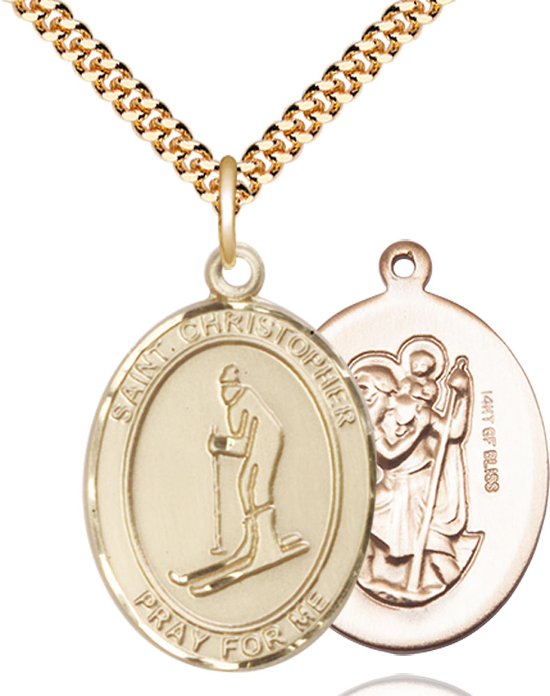 14kt Gold Filled Saint Christopher Skiing Pendant on a 24 inch Gold Plate Heavy Curb chain
