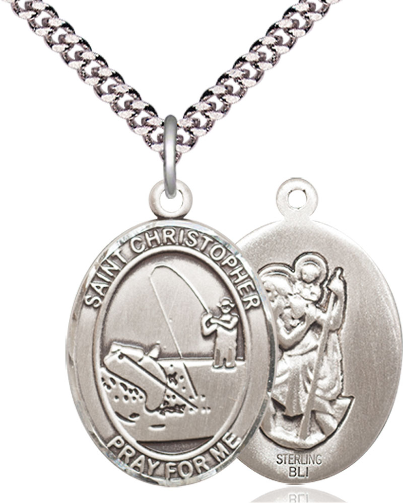 Sterling Silver Saint Christopher Fishing Pendant on a 24 inch Light Rhodium Heavy Curb chain