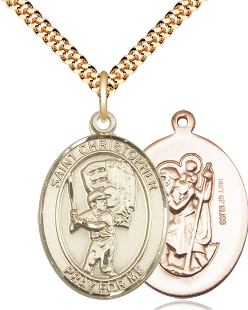 14kt Gold Filled Saint Christopher Baseball Pendant on a 24 inch Gold Plate Heavy Curb chain