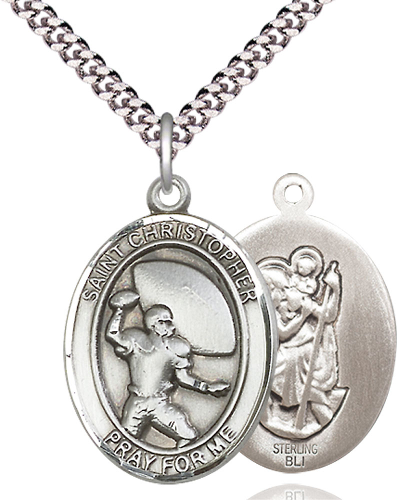 Sterling Silver Saint Christopher Football Pendant on a 24 inch Light Rhodium Heavy Curb chain