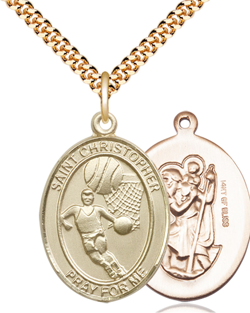 14kt Gold Filled Saint Christopher Basketball Pendant on a 24 inch Gold Plate Heavy Curb chain