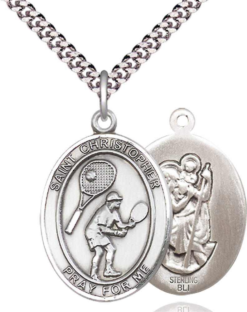 Sterling Silver Saint Christopher Tennis Pendant on a 24 inch Light Rhodium Heavy Curb chain