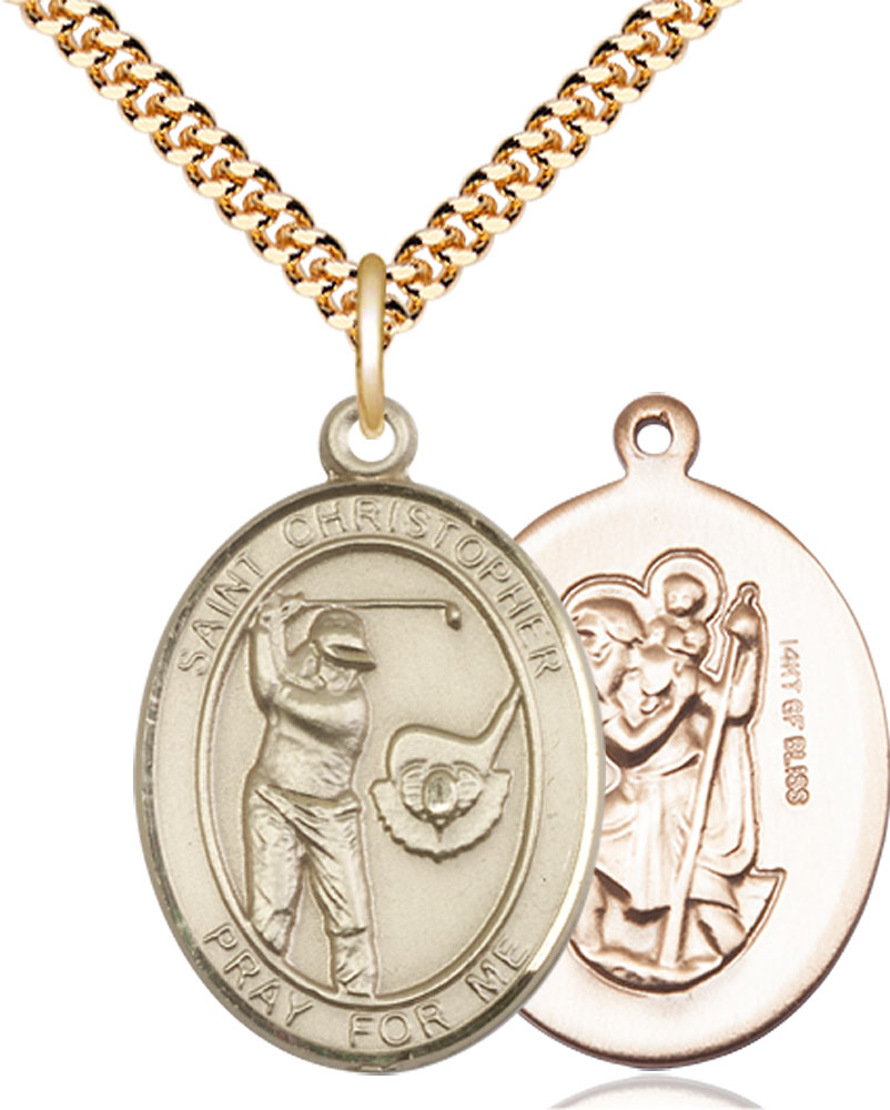 14kt Gold Filled Saint Christopher Golf Pendant on a 24 inch Gold Plate Heavy Curb chain