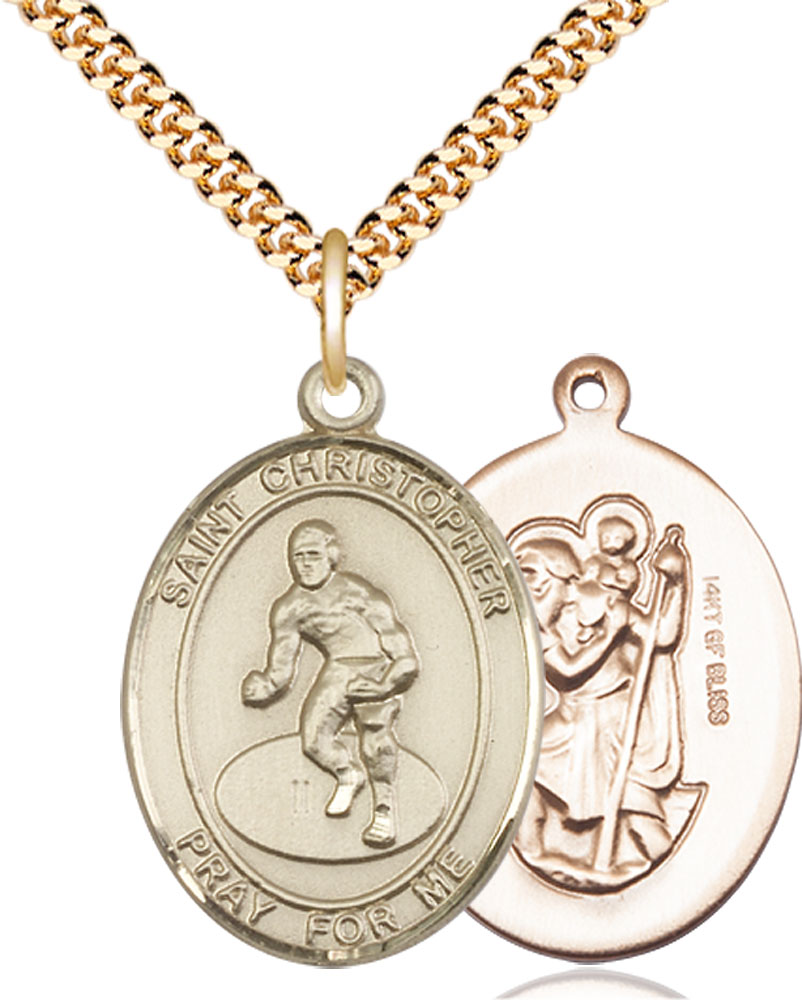 14kt Gold Filled Saint Christopher Wrestling Pendant on a 24 inch Gold Plate Heavy Curb chain