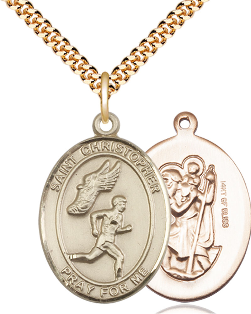 14kt Gold Filled Saint Christopher Track&amp;Field Pendant on a 24 inch Gold Plate Heavy Curb chain