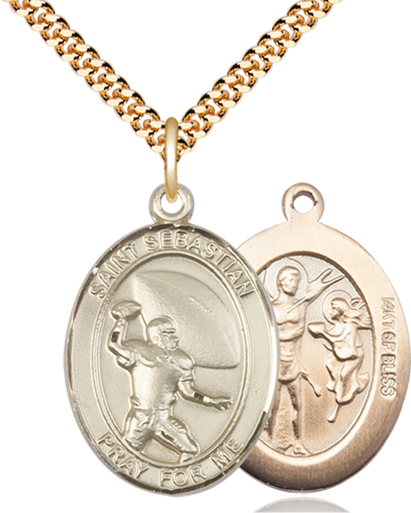 14kt Gold Filled Saint Sebastian Football Pendant on a 24 inch Gold Plate Heavy Curb chain