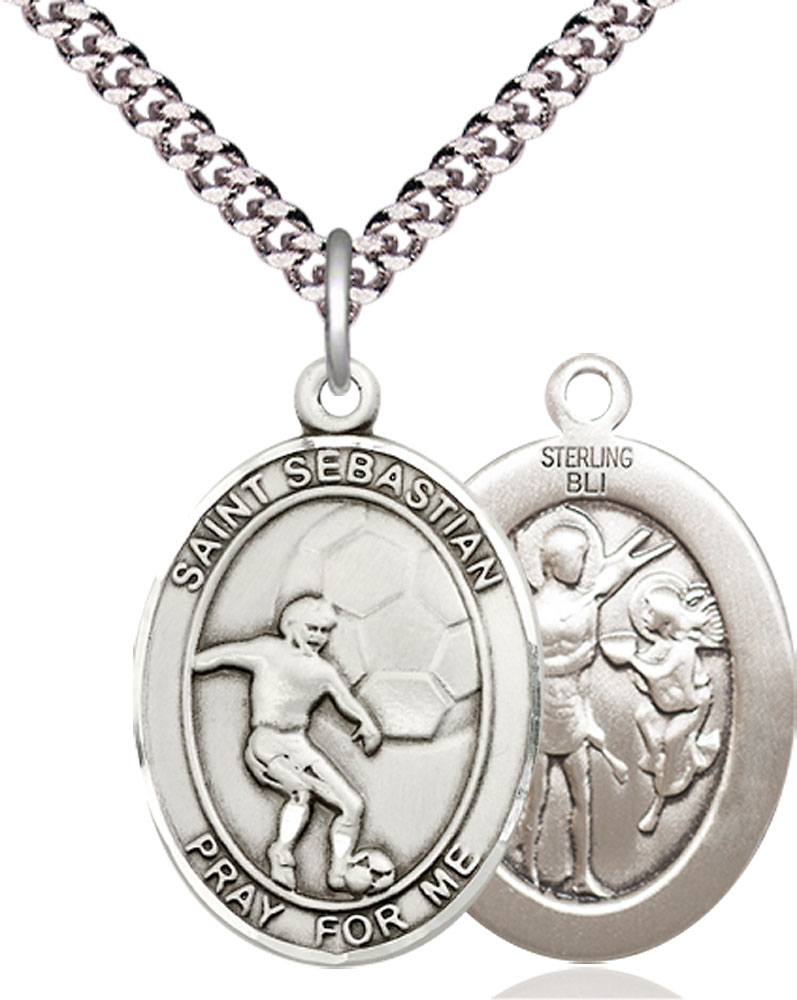 Sterling Silver Saint Sebastian Soccer Pendant on a 24 inch Light Rhodium Heavy Curb chain