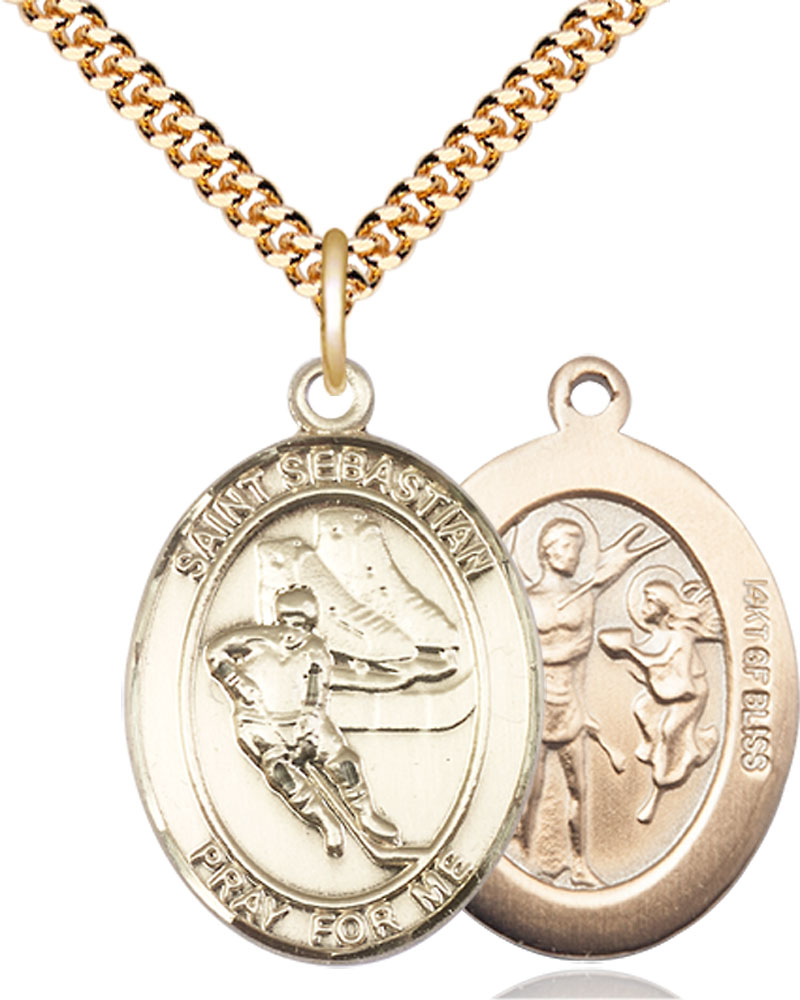 14kt Gold Filled Saint Sebastian Hockey Pendant on a 24 inch Gold Plate Heavy Curb chain