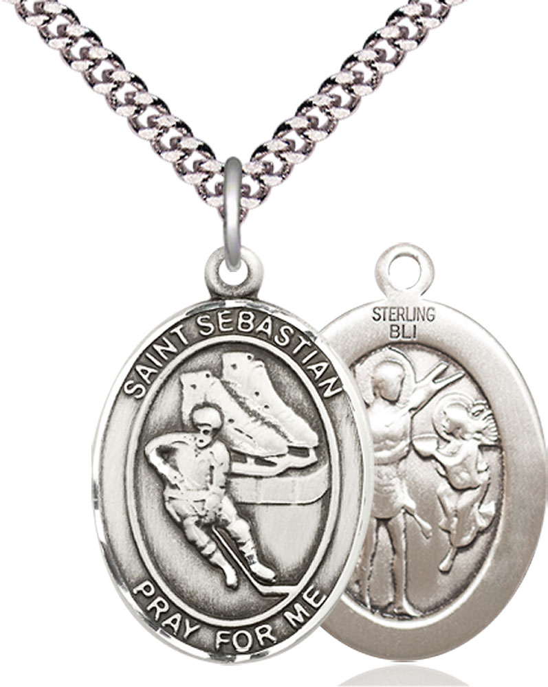 Sterling Silver Saint Sebastian Hockey Pendant on a 24 inch Light Rhodium Heavy Curb chain