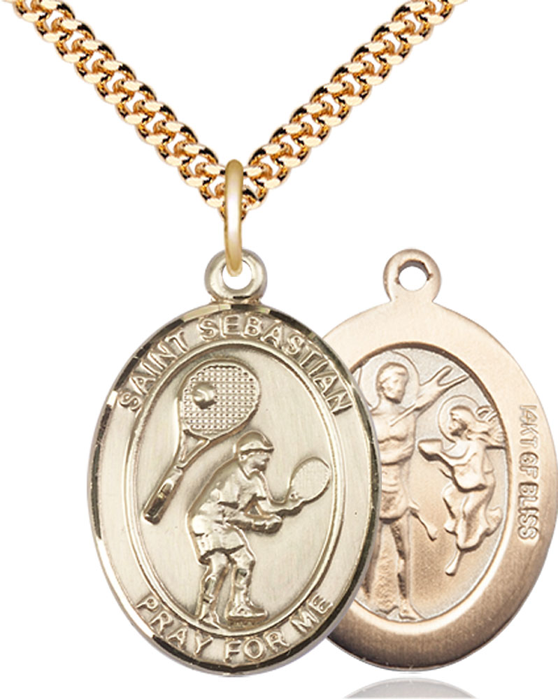 14kt Gold Filled Saint Sebastian Tennis Pendant on a 24 inch Gold Plate Heavy Curb chain