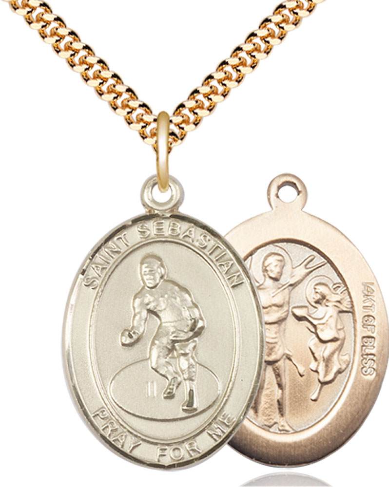 14kt Gold Filled Saint Sebastian Wrestling Pendant on a 24 inch Gold Plate Heavy Curb chain