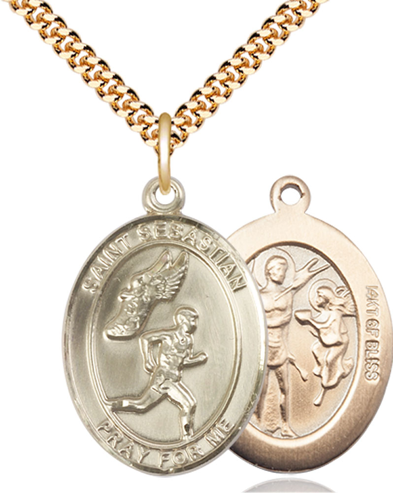 14kt Gold Filled Saint Sebastian Track and Field Pendant on a 24 inch Gold Plate Heavy Curb chain
