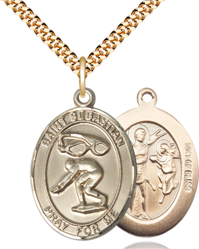 14kt Gold Filled Saint Sebastian Swimming Pendant on a 24 inch Gold Plate Heavy Curb chain