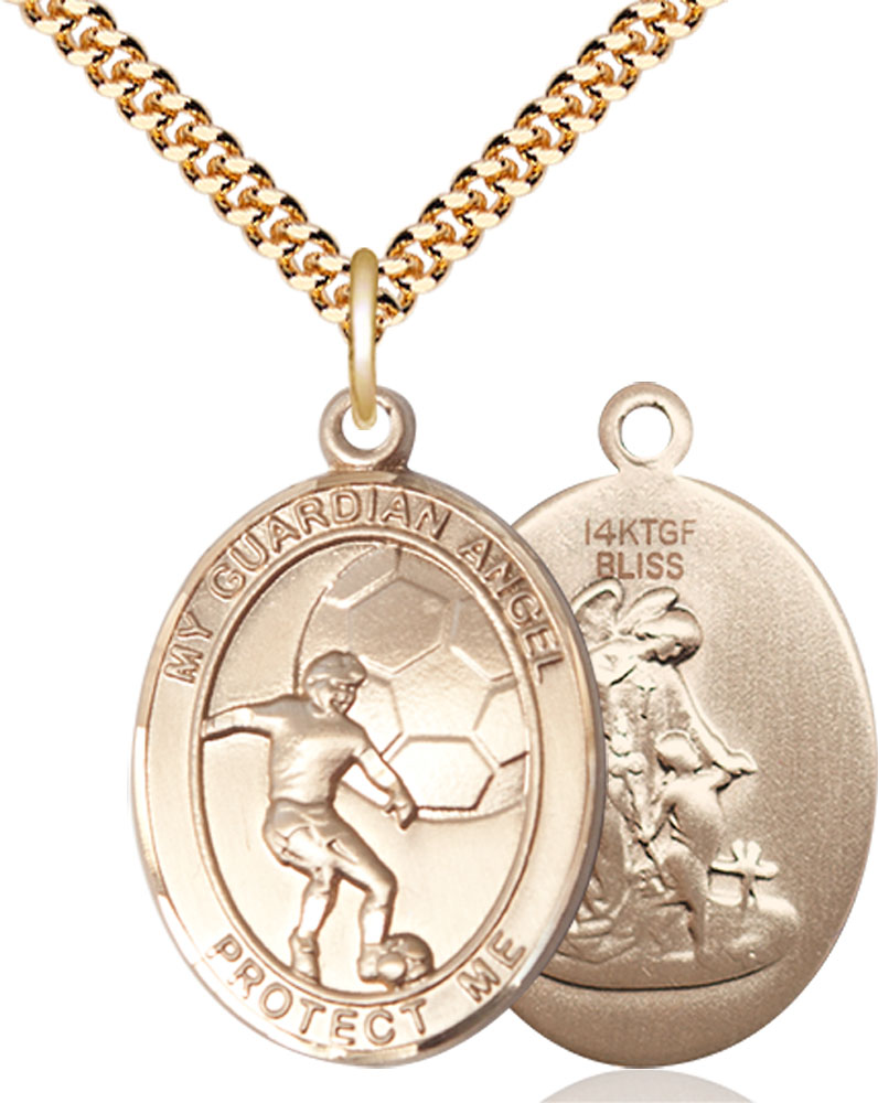 14kt Gold Filled Guardian Angel Soccer Pendant on a 24 inch Gold Plate Heavy Curb chain