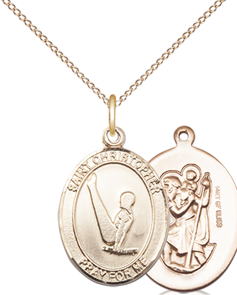 14kt Gold Filled Saint Christopher Gymnastics Pendant on a 18 inch Gold Filled Light Curb chain