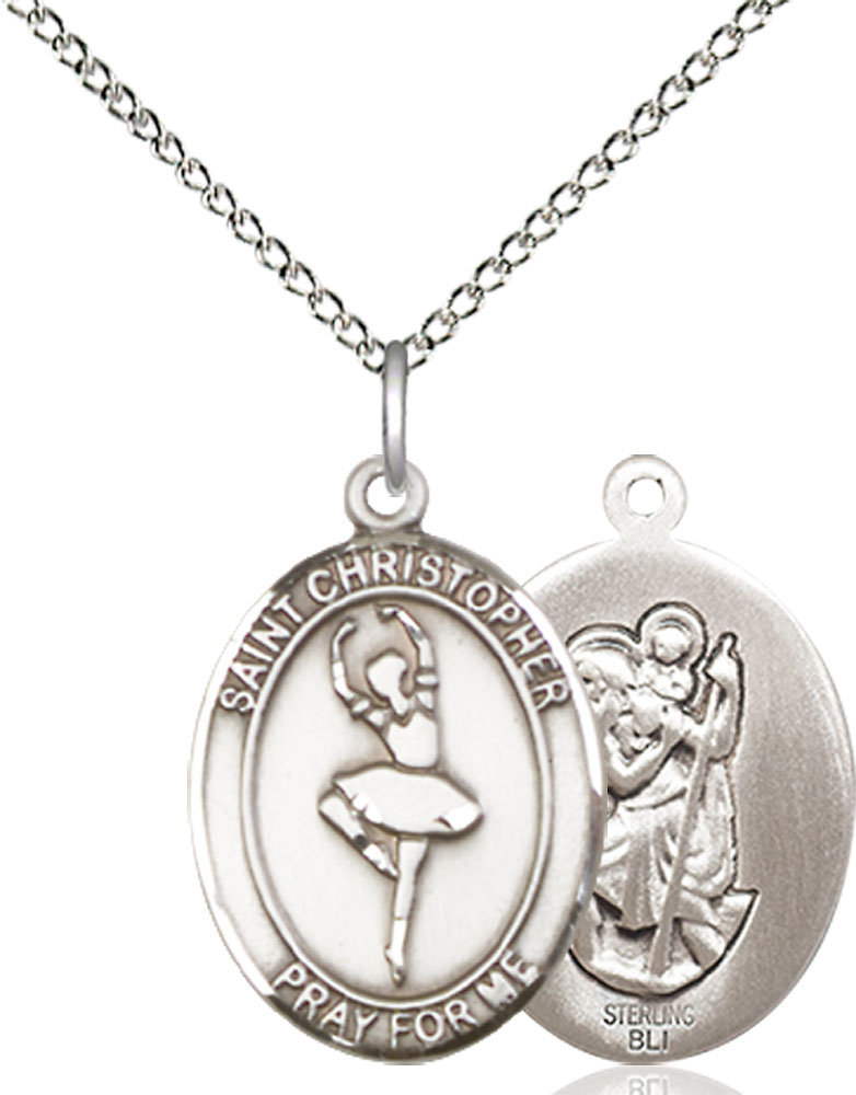 Sterling Silver Saint Christopher Dance Pendant on a 18 inch Sterling Silver Light Curb chain
