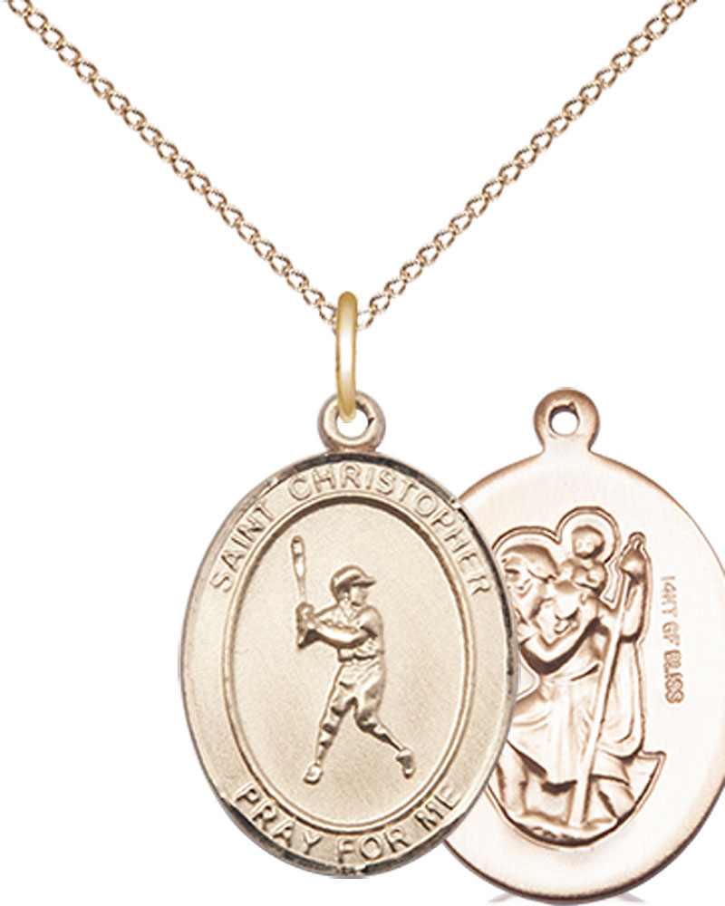 14kt Gold Filled Saint Christopher Baseball Pendant on a 18 inch Gold Filled Light Curb chain