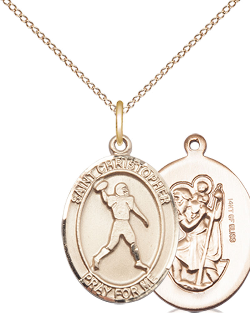 14kt Gold Filled Saint Christopher Football Pendant on a 18 inch Gold Filled Light Curb chain