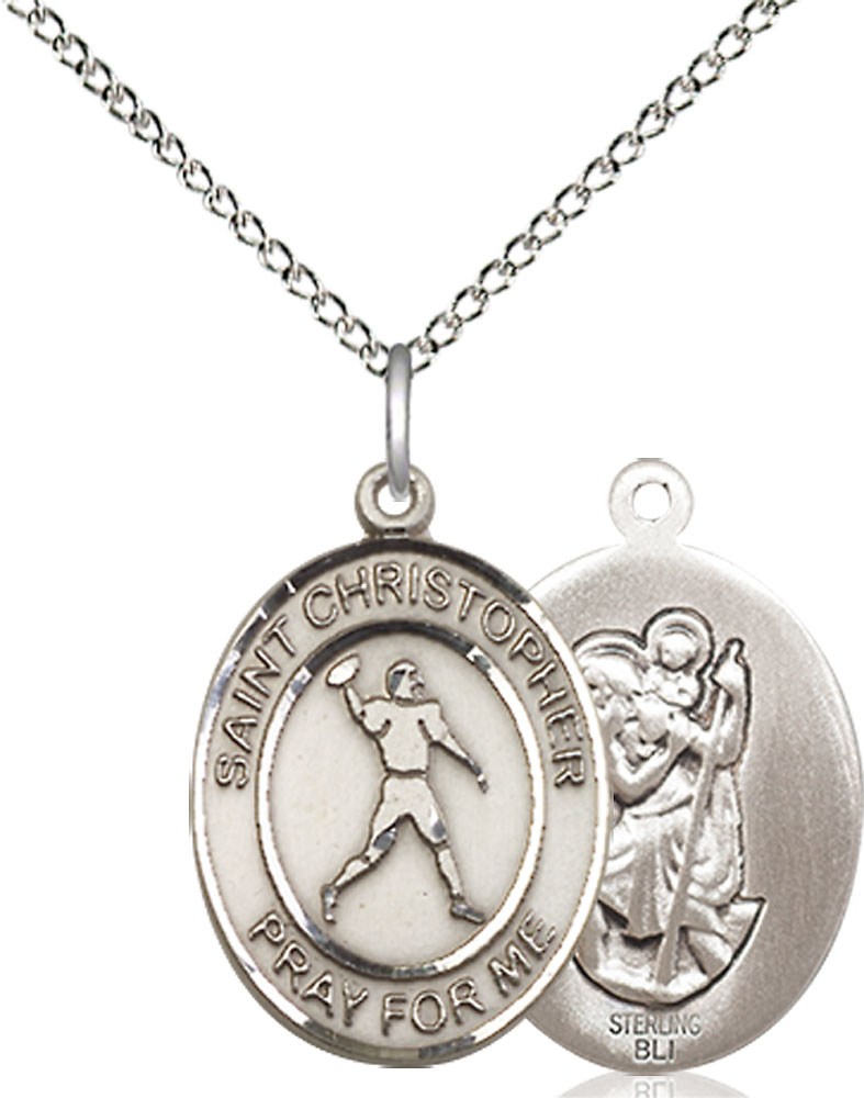 Sterling Silver Saint Christopher Football Pendant on a 18 inch Sterling Silver Light Curb chain