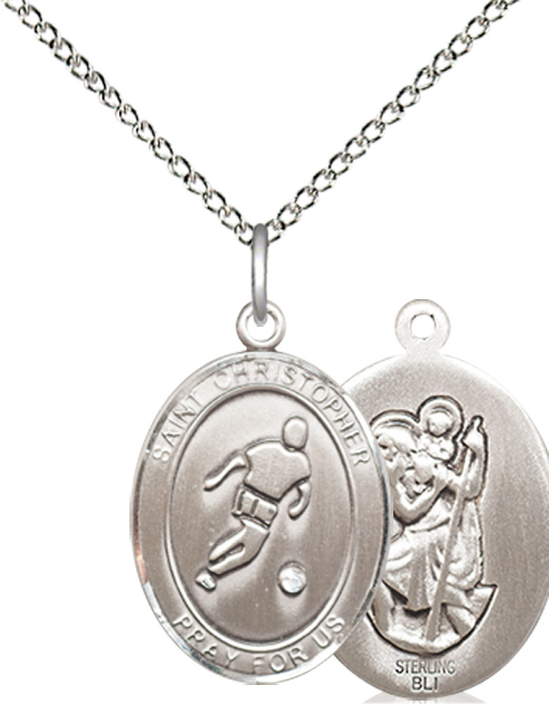 Sterling Silver Saint Christopher Soccer Pendant on a 18 inch Sterling Silver Light Curb chain