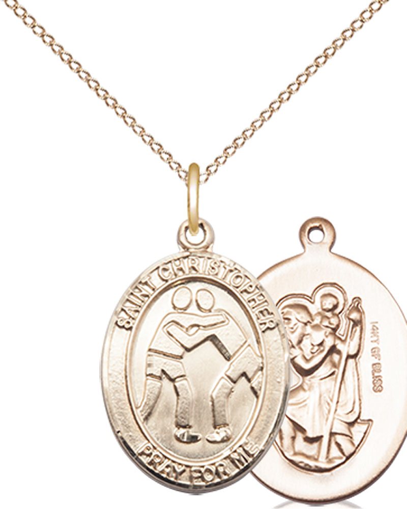 14kt Gold Filled Saint Christopher Wrestling Pendant on a 18 inch Gold Filled Light Curb chain