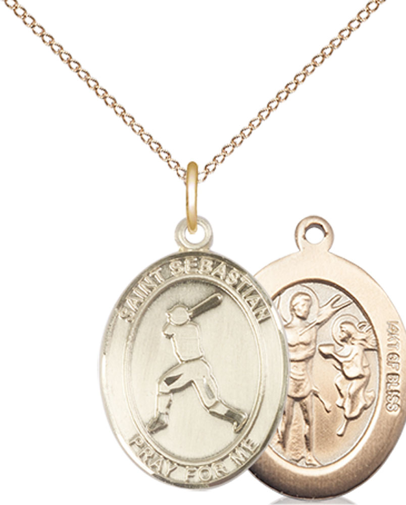 14kt Gold Filled Saint Sebastian Baseball Pendant on a 18 inch Gold Filled Light Curb chain
