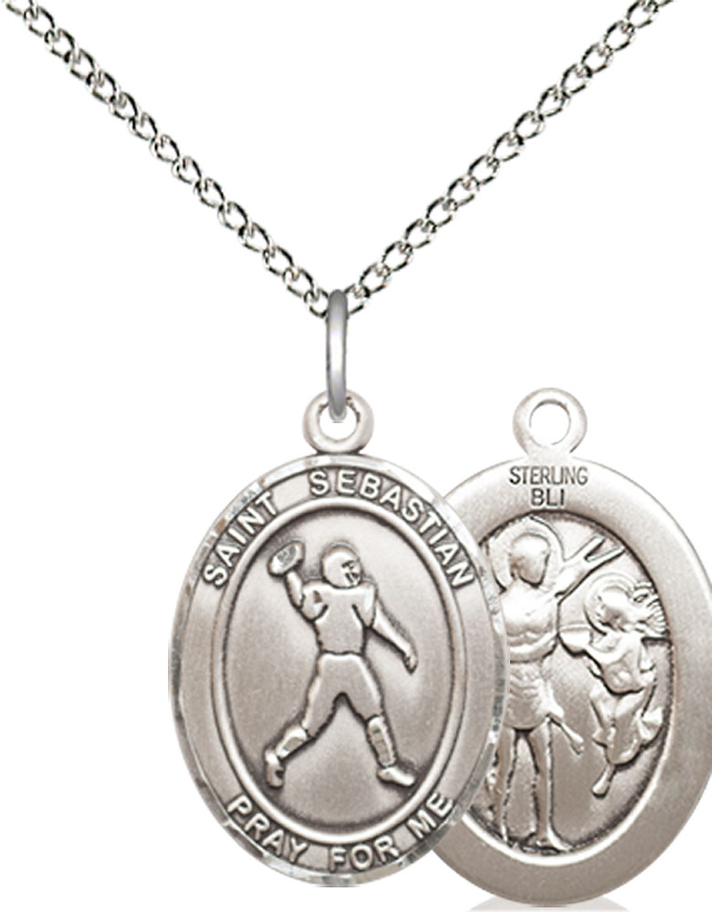 Sterling Silver Saint Sebastian Football Pendant on a 18 inch Sterling Silver Light Curb chain