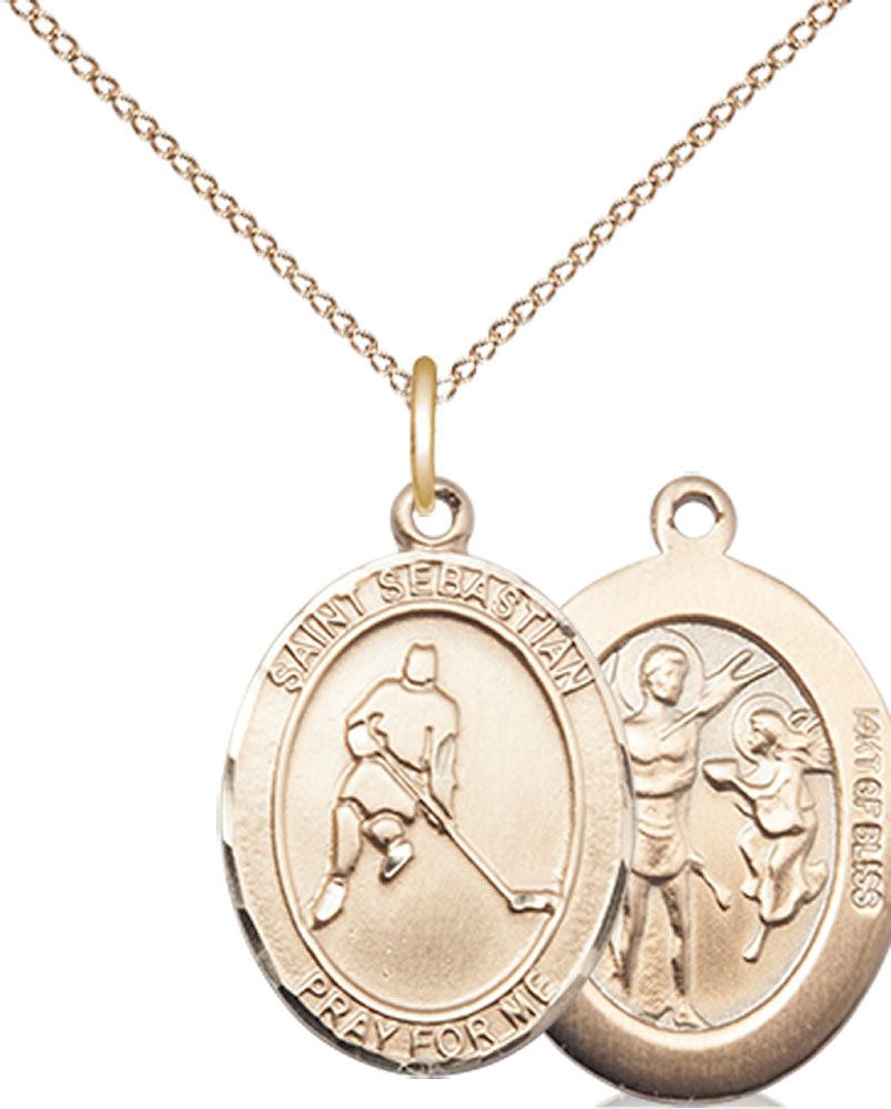 14kt Gold Filled Saint Sebastian Ice Hockey Pendant on a 18 inch Gold Filled Light Curb chain