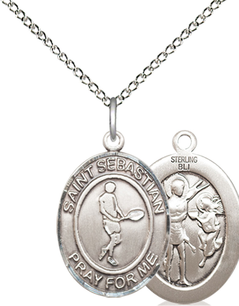 Sterling Silver Saint Sebastian Tennis Pendant on a 18 inch Sterling Silver Light Curb chain