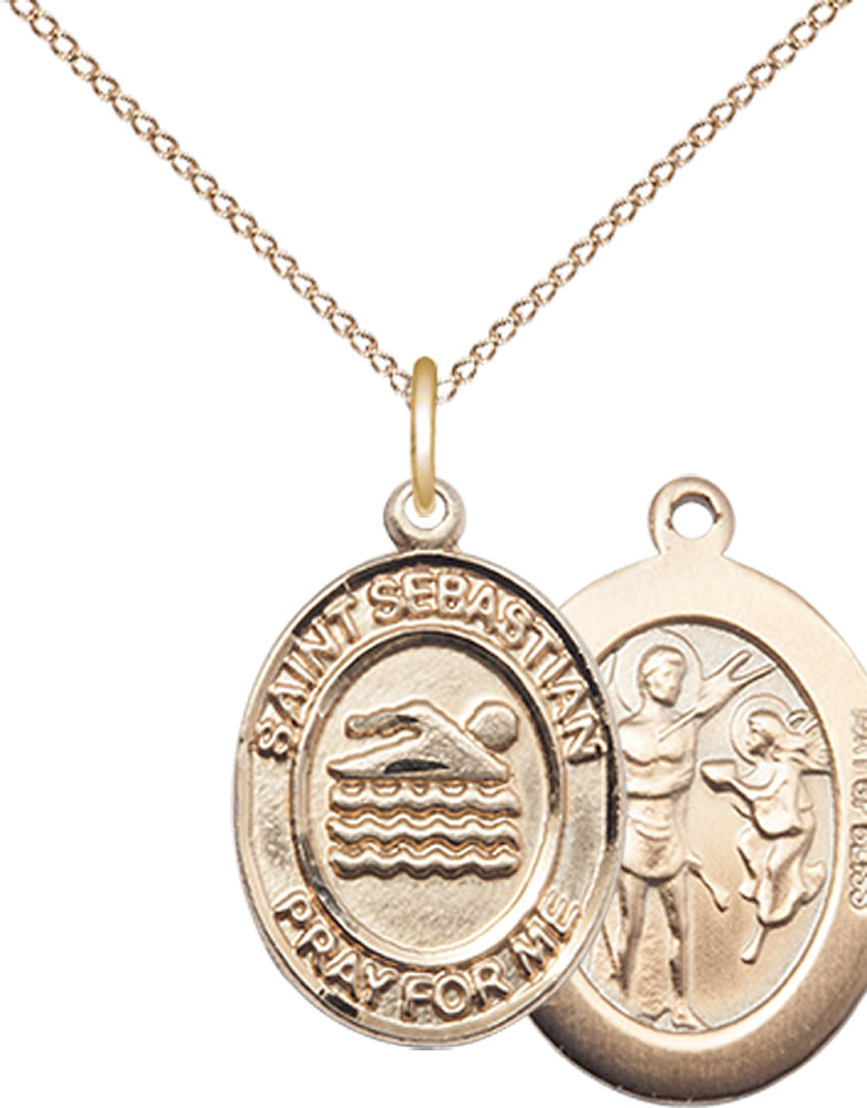 14kt Gold Filled Saint Sebastian Swimming Pendant on a 18 inch Gold Filled Light Curb chain