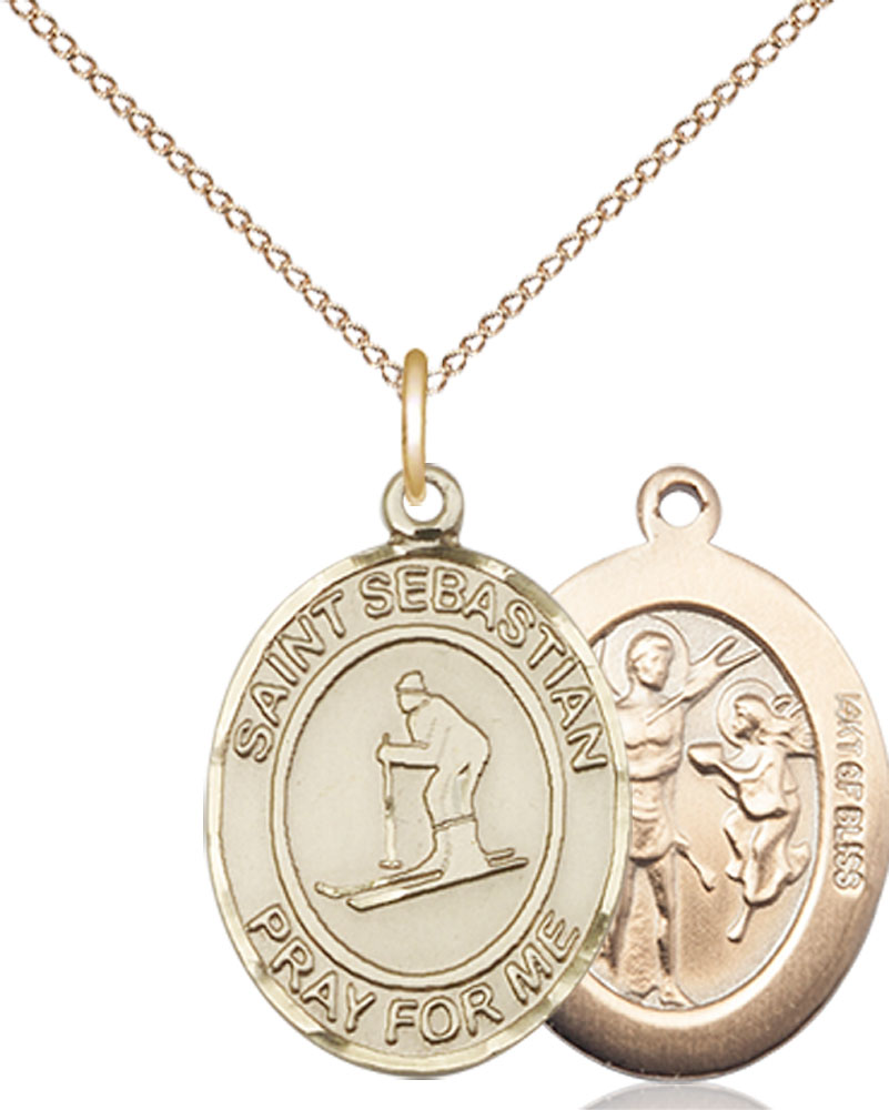 14kt Gold Filled Saint Sebastian Skiing Pendant on a 18 inch Gold Filled Light Curb chain