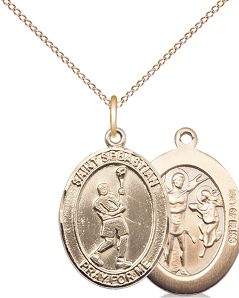14kt Gold Filled Saint Sebastian Lacrosse Pendant on a 18 inch Gold Filled Light Curb chain