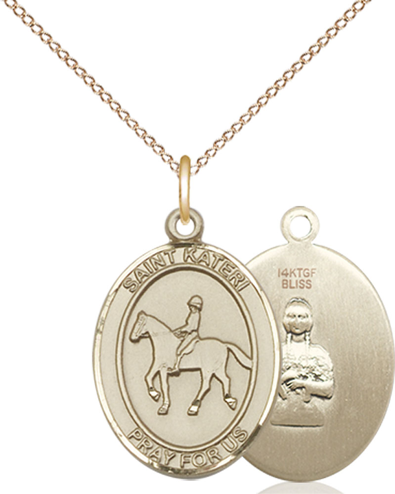 14kt Gold Filled Saint Kateri Equestrian Pendant on a 18 inch Gold Filled Light Curb chain