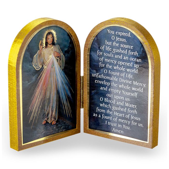 3.5&quot; X 4.75&quot; Gold Stamped Wood Diptych Divine Mercy