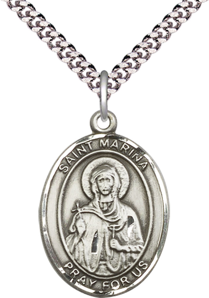 Sterling Silver Saint Marina Pendant on a 24 inch Light Rhodium Heavy Curb chain