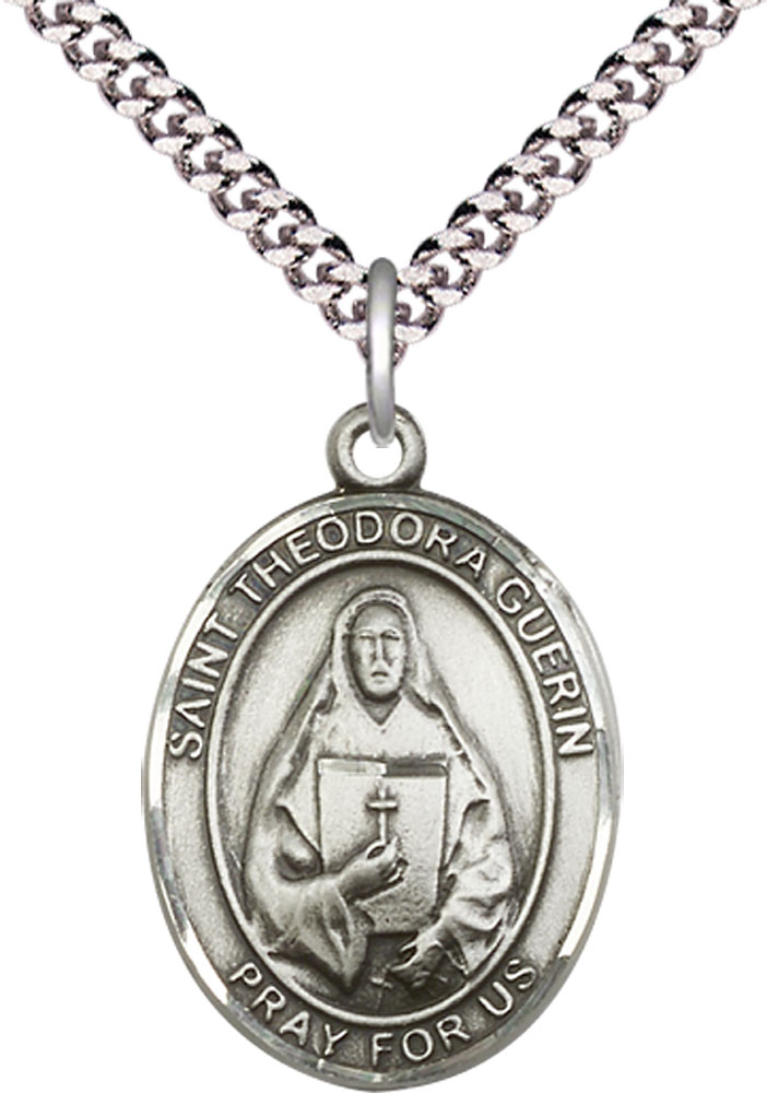 Sterling Silver Saint Theodora Pendant on a 24 inch Light Rhodium Heavy Curb chain