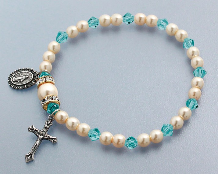 Rosary Bracelet Stretch Aqua/Pearl