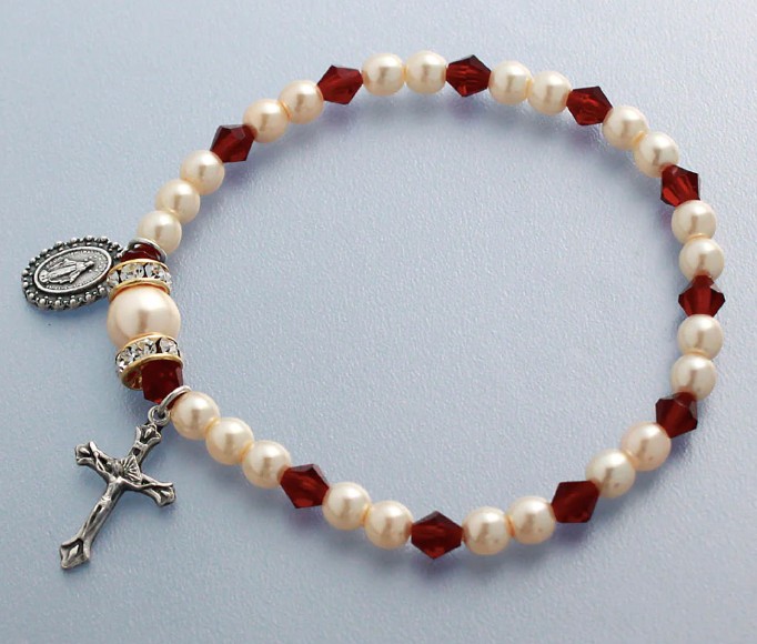 Rosary Bracelet Stretch Ruby/Pearl