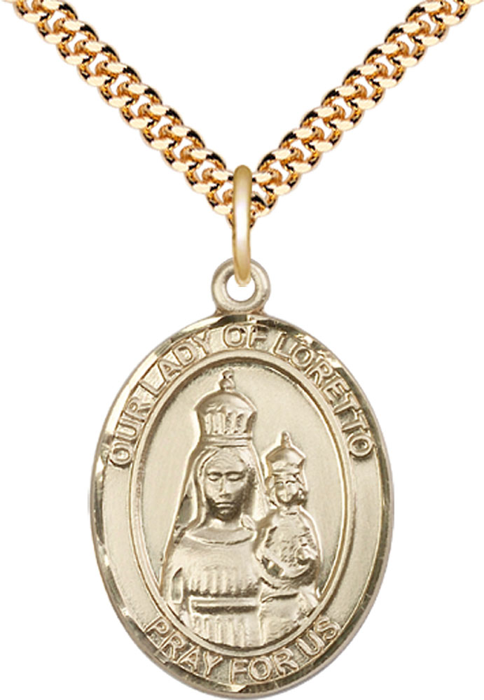 14kt Gold Filled Our Lady of Loretto Pendant on a 24 inch Gold Plate Heavy Curb chain