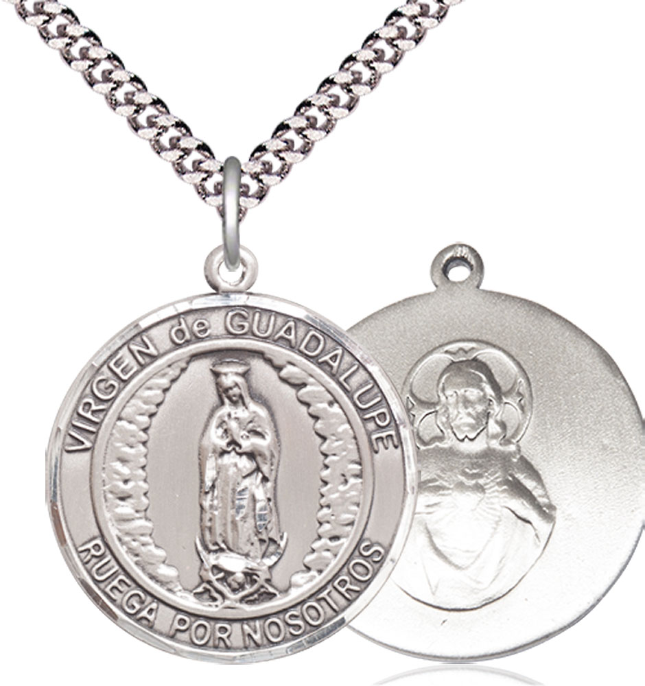 Sterling Silver Virgen de Guadalupe Pendant on a 24 inch Light Rhodium Heavy Curb chain