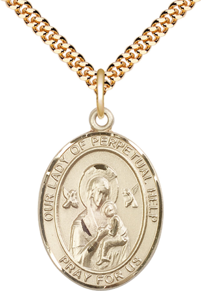 14kt Gold Filled Our Lady of Perpetual Help Pendant on a 24 inch Gold Plate Heavy Curb chain