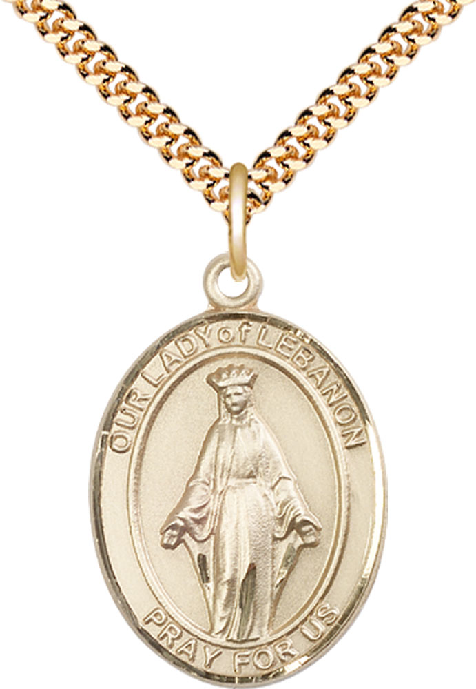 14kt Gold Filled Our Lady of Lebanon Pendant on a 24 inch Gold Plate Heavy Curb chain