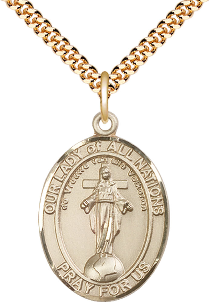 14kt Gold Filled Our Lady of All Nations Pendant on a 24 inch Gold Plate Heavy Curb chain