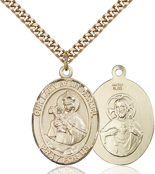 14kt Gold Filled Our Lady of Mount Carmel Pendant on a 24 inch Gold Plate Heavy Curb chain