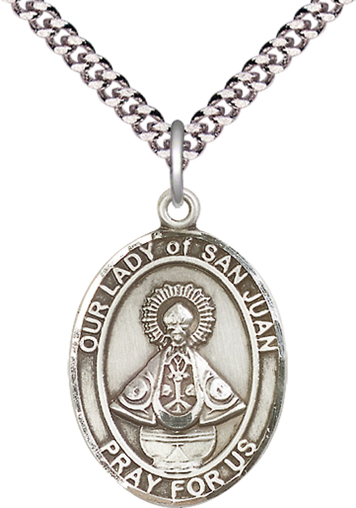 Sterling Silver Our Lady of San Juan Pendant on a 24 inch Light Rhodium Heavy Curb chain