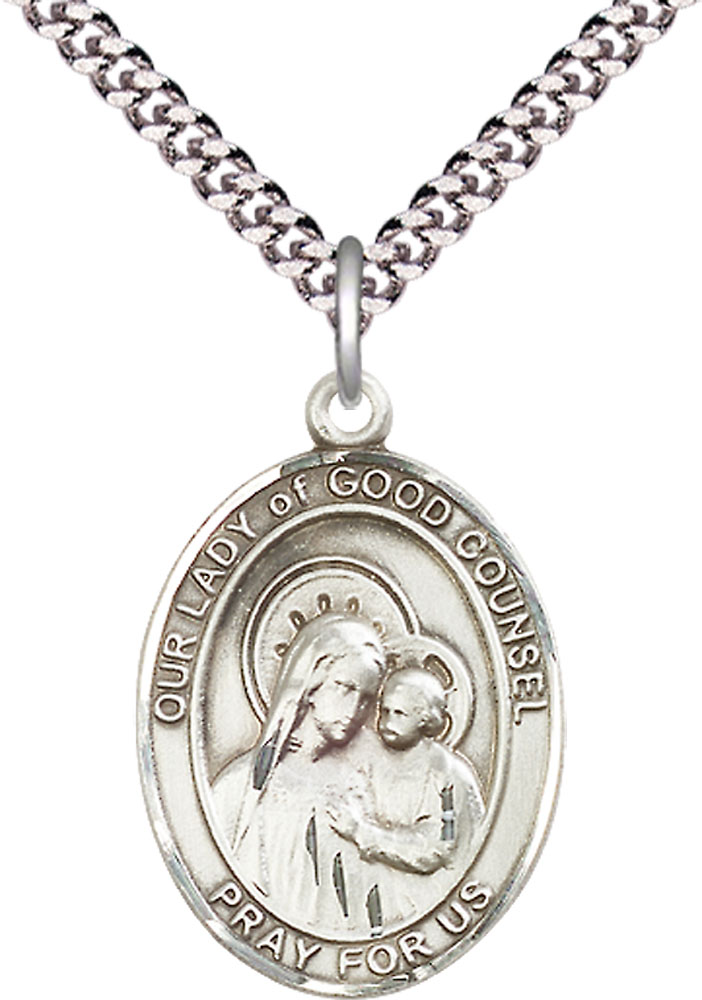 Sterling Silver Our Lady of Good Counsel Pendant on a 24 inch Light Rhodium Heavy Curb chain