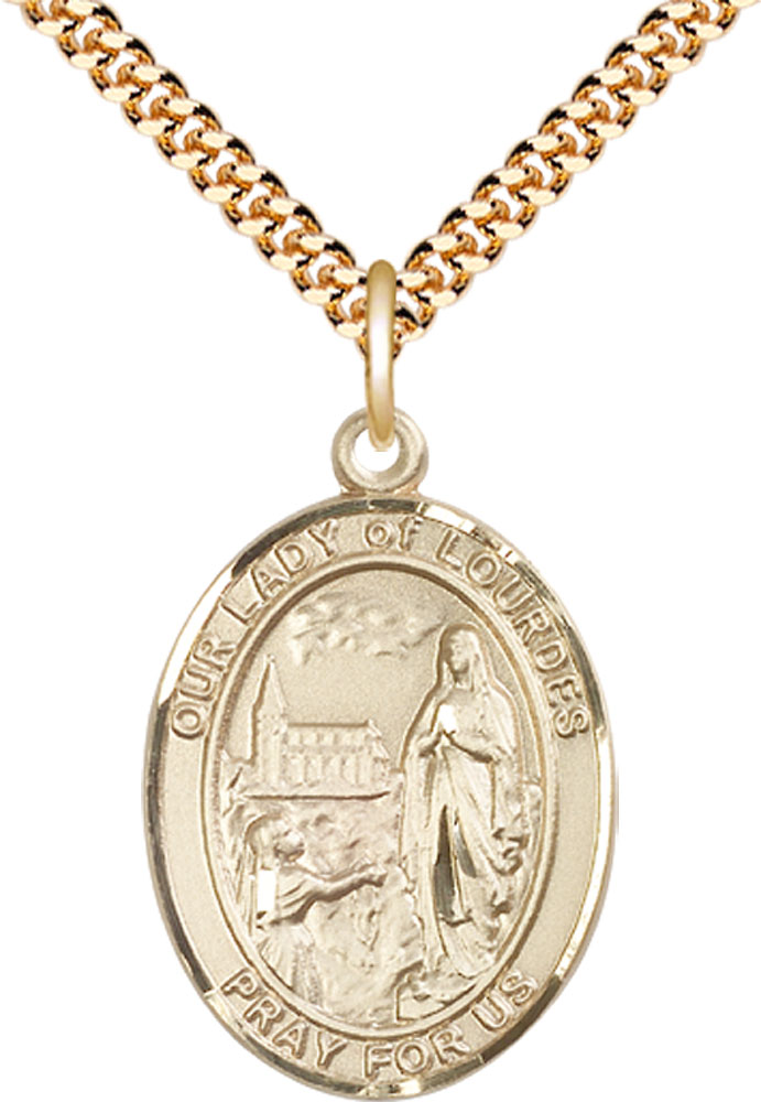 14kt Gold Filled Our Lady of Lourdes Pendant on a 24 inch Gold Plate Heavy Curb chain