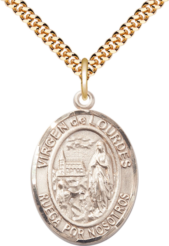 14kt Gold Filled Virgen de Lourdes Pendant on a 24 inch Gold Plate Heavy Curb chain