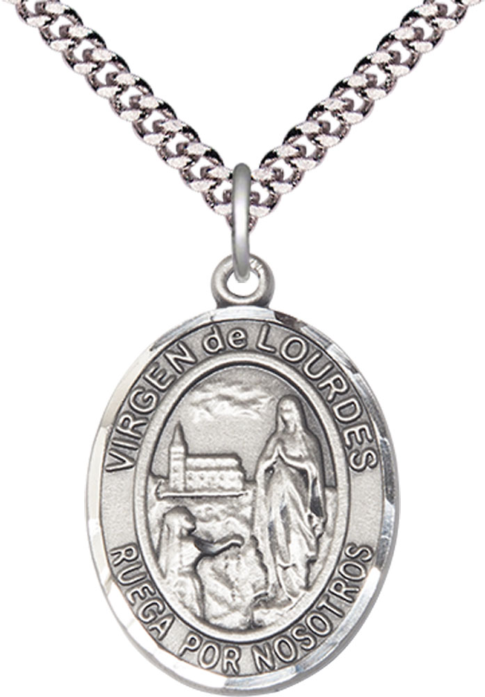 Sterling Silver Virgen de Lourdes Pendant on a 24 inch Light Rhodium Heavy Curb chain